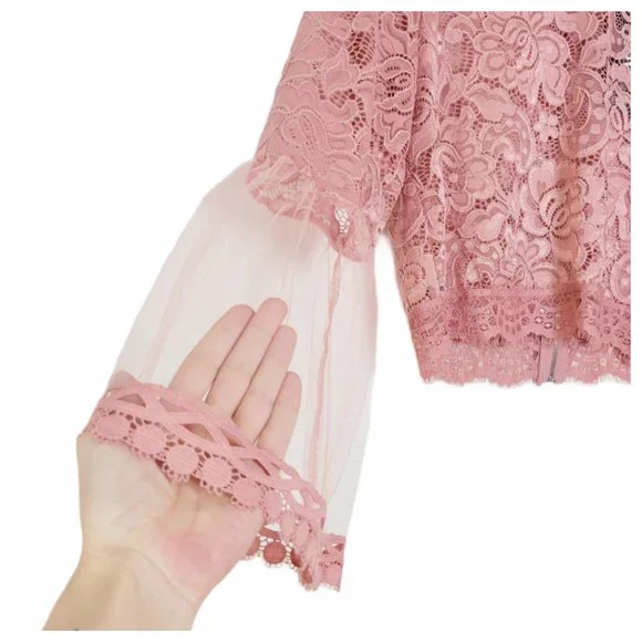 Love University Crop Top Blush Rose Sheer Lace Bell Sleeve Mock Neck Zip Back - Picture 5 of 12
